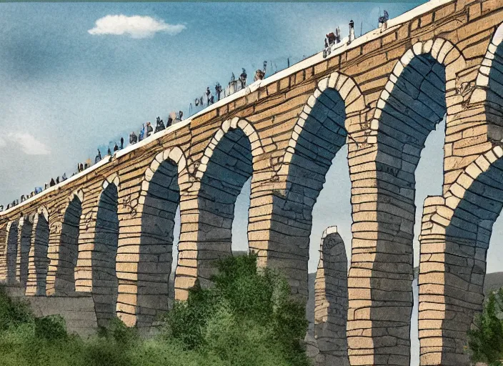 Image similar to an illustration of segovia aqueduct, trending on artstation