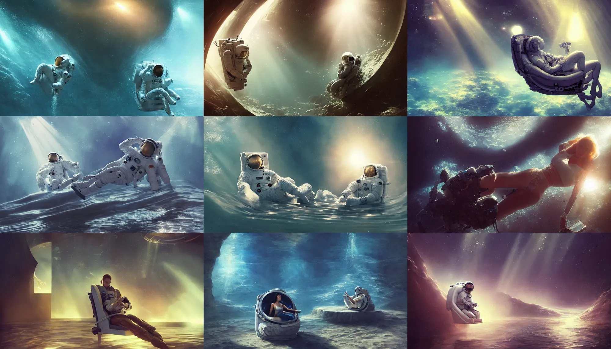 Prompt: astronaut sitting in armchair immersed in water, sun rays from above, underwater, wide shot, digital painting, intricate details, trending on artstation, concept art, octane render, realistic, highly detailed, smooth, sharp focus, beautiful, 4 k, 8 k, hd, art by charlie bowater and artgerm and greg rutkowski