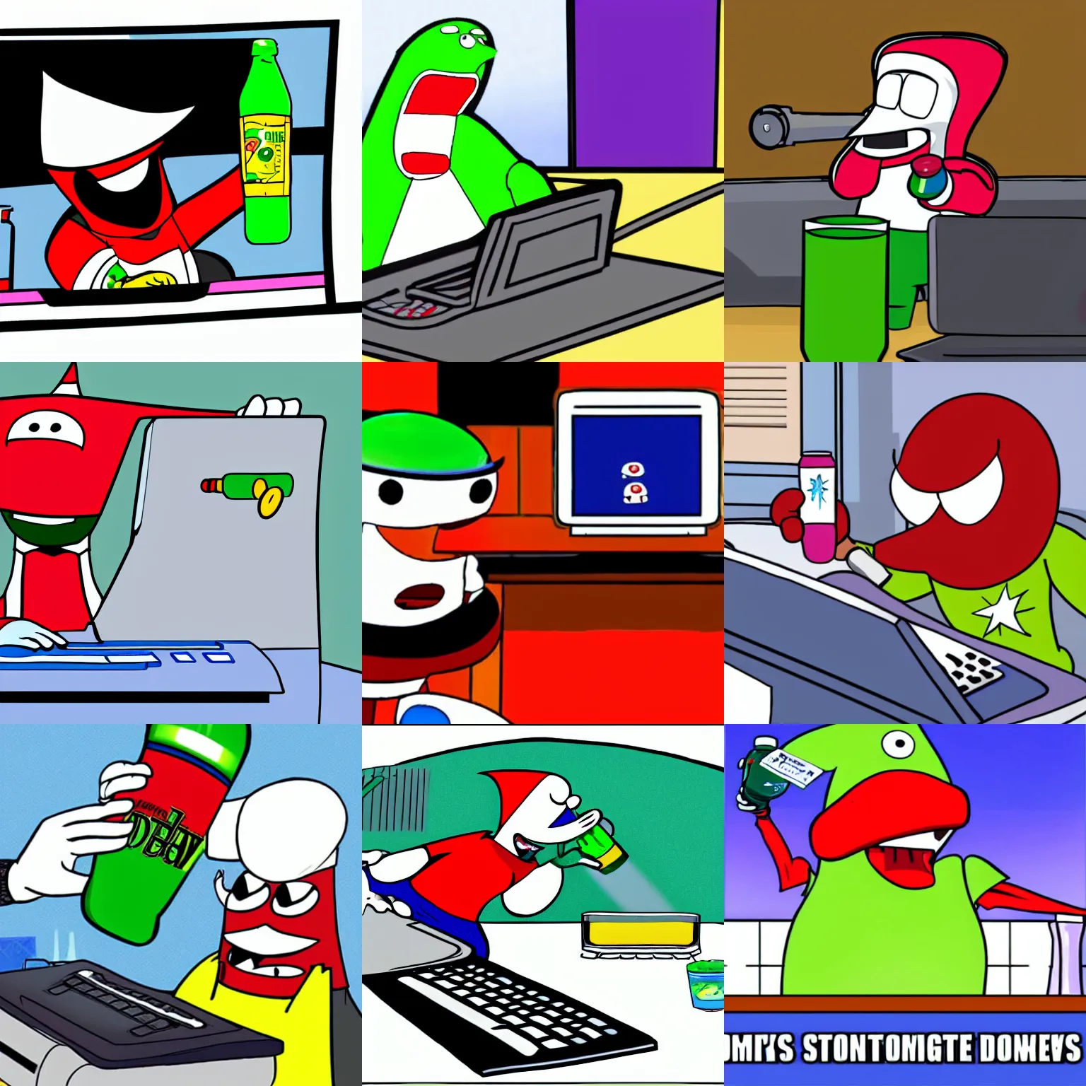 Prompt: Homestar Runner pouring an entire 2-liter bottle of Mt Dew onto Strong Bad's computer keyboard