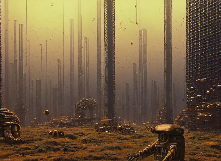 Image similar to rustic yet enormous SCP (Secure, Contain, Protect) agency interior with infinite rows of giant iridescent alien artifacts suspended in cylindrical containers made of gold and quartz by Simon Stalenhag, Zdiszlaw Beksinski, inspired by Control the game, mysterious, eeriewave, hyperdetailed, dramatic camera angle with focus on infinity, octane render 8k