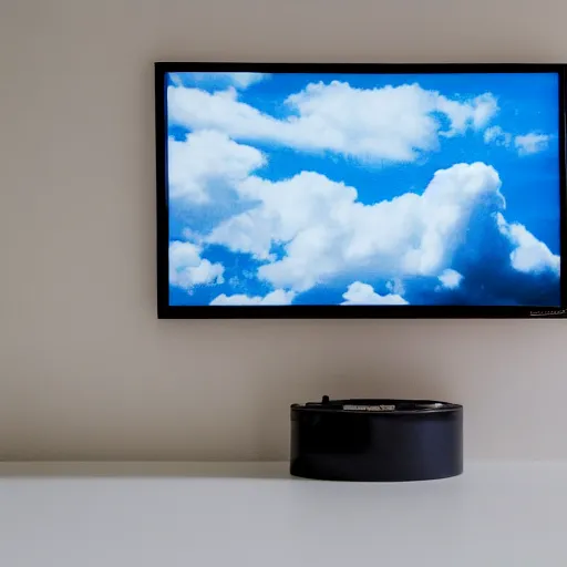 Image similar to a professional studio photograph (((((of a 90s television and VHS combo playing a video))))) of clouds, key light, 50mm, shallow depth of field, no artefacts