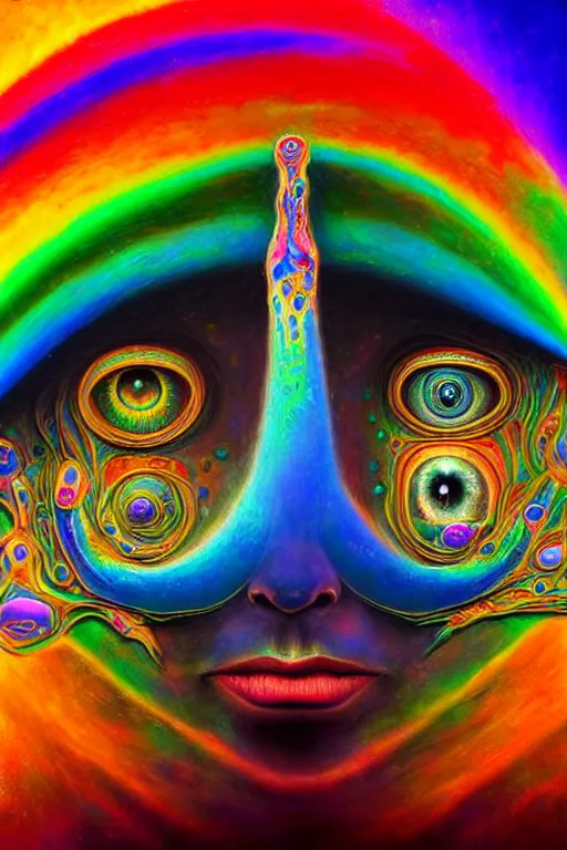 Prompt: hyperrealistic abstract close-up Renaissance psychedelic!! celestial happy! pure creature!! peaceful! kind spirit of nature! beautiful fractal!! eyes! highly detailed concept art eric zener elson peter cinematic hard rainbow lighting high angle hd 8k sharp shallow depth of field, inspired by Zdzisław Beksiński Salvador Dali
