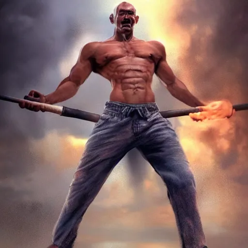 Image similar to gandi hit with hammer a policeman, detailed body, realistic body proportions, unreal engine, by popular digital artist, digital, artstation, detailed body, heavenly atmosphere, digital art, overdetailed art, trending on artstation, cgstudio, the most beautiful image ever created, dramatic, award winning artwork, beautiful scenery