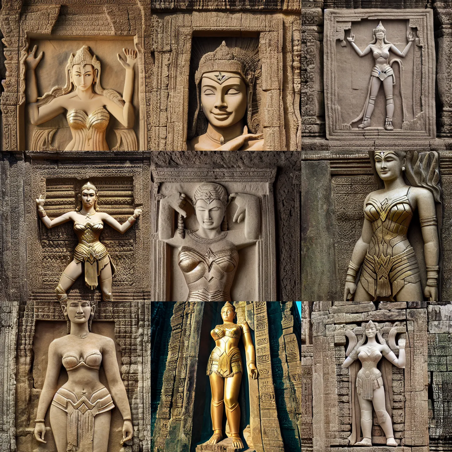 Prompt: a relief sculpture of wonder woman on the wall of Angkor Wat, photo real, cinematic loghting, hd.