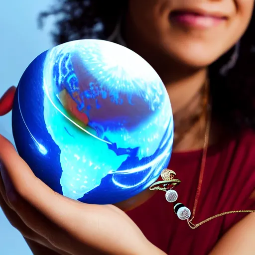 Image similar to closeup of a woman wearing a neckless with a glowing planet Saturn as the pendant, the rings are glowing around the planet, the woman's hand reaching for the pendant, in the style of Disney frozen