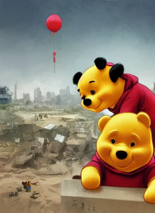 Image similar to portrait of Xi Jinping wearing a Winnie the Pooh onesie in a trashy Chinese dirt poor landfill, hungry, beta weak male, digital painting, concept art, smooth, sharp focus, illustration, from Slumdog Millionaire, by Ruan Jia and Mandy Jurgens and William-Adolphe Bouguereau, Artgerm