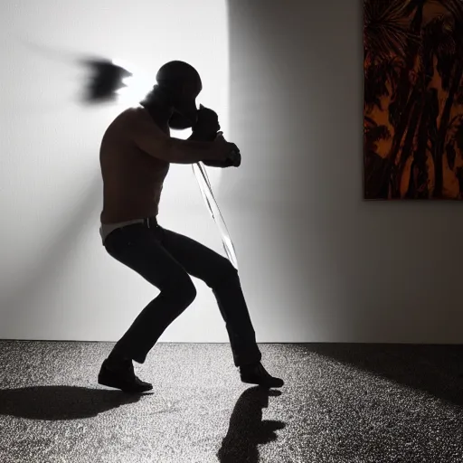 Image similar to award winning, 4K, uhd, photo of Mick West fighting a shadow being