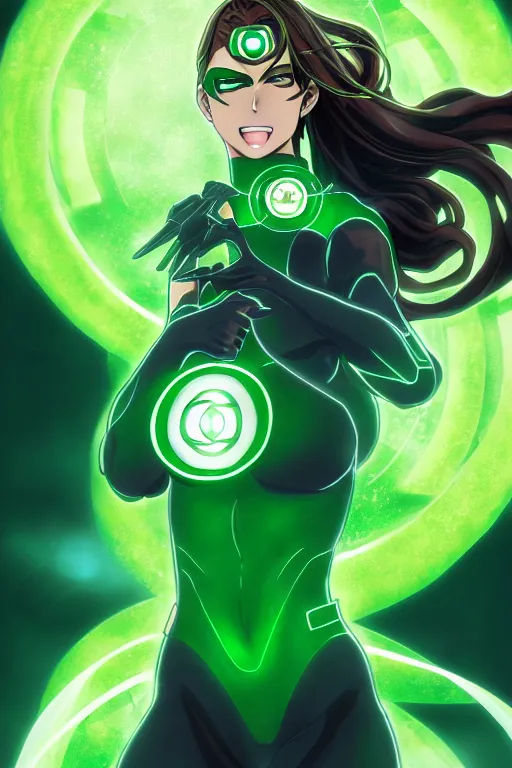 Image similar to anime key visual of a beautiful female green lantern, intricate, glowing accents, powers, glowing ring, speed, goddess, dc comics, cinematic, stunning, highly detailed, digital painting, artstation, smooth, hard focus, illustration, character concepts by senior concept artist