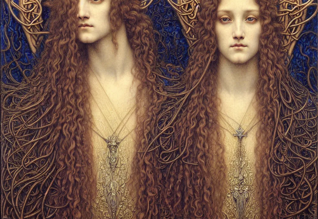 Image similar to detailed realistic beautiful young medieval queen face portrait by jean delville, gustave dore and marco mazzoni, art nouveau, symbolist, visionary, gothic, pre - raphaelite. horizontal symmetry