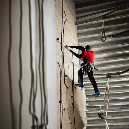 Image similar to A climbing expedition climbing the stairs of a regular apartment building. They are using ropes, pickaxes and other professional climbing gear in order to climb the stairs. Photograph, f/8, room lighting, indoor