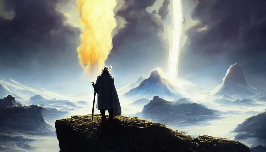 Prompt: a beautiful painting of gandalf watching a nuclear explosion on an alien world, ray traced lighting by jean kalin popov and greg rutkowski