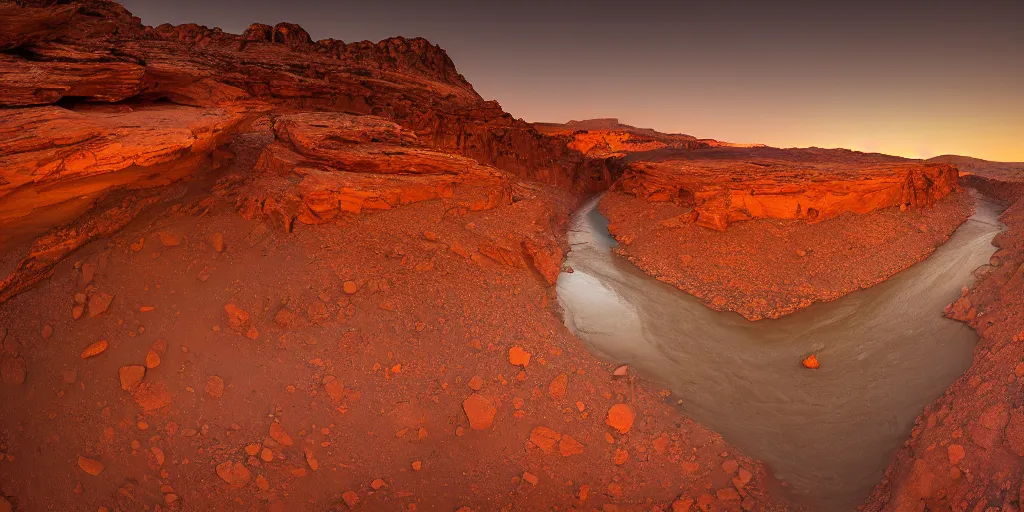 Image similar to a ground - level view of a river bend running through a canyon surrounded by desert mountains at sunset on mars, planet mars, moab, utah, a tilt shift photo by frederic church, trending on unsplash, hudson river school, photo taken with provia, national geographic photo