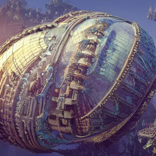 Image similar to enormous flying city in a faberge egg, sky, steampunk, fantasy art, masterpiece, unreal engine