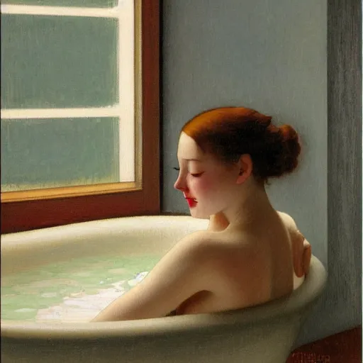 Image similar to dreamy oil painting of young woman in a large bathtub full of milk, smiling with her eyes closed as she washes herself, city lights from art deco window, hopper, mucha, irene patten, manara