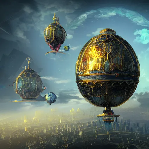Image similar to enormous flying city in a faberge egg, sky, steampunk, fantasy art, masterpiece, unreal engine, artstation
