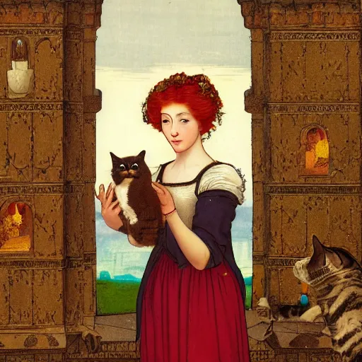 Prompt: A photorealistic portrait of a redheaded woman wearing a flower dress, admiring a cat in a castle, the cat is on a throne, in the style of Edmund Leighton