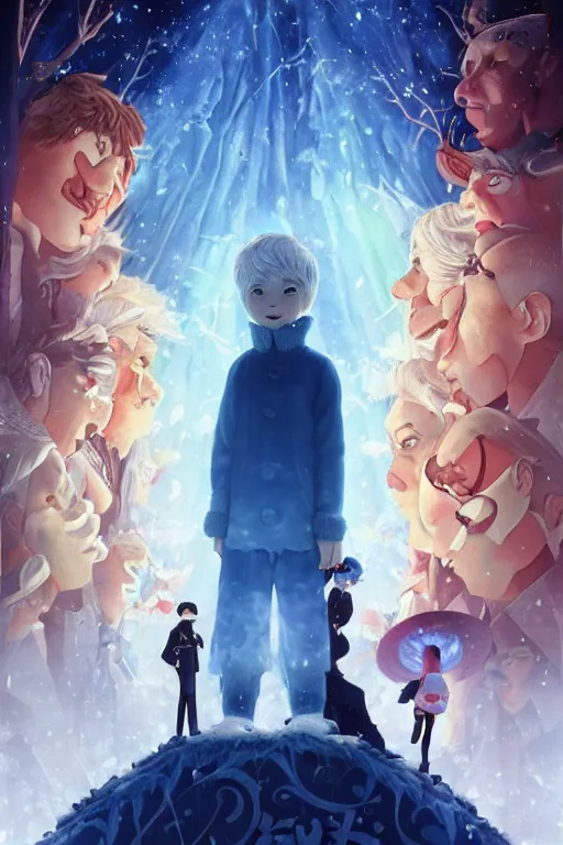 Prompt: jack Frost solving epic mysteries, Klaus Movie poster, movie still, artwork by Chiho Aoshima, a oil Rendering illustration of a cinematic beautiful closeup moment of friends standing facing love, full of details, from above trending on artstation, froz