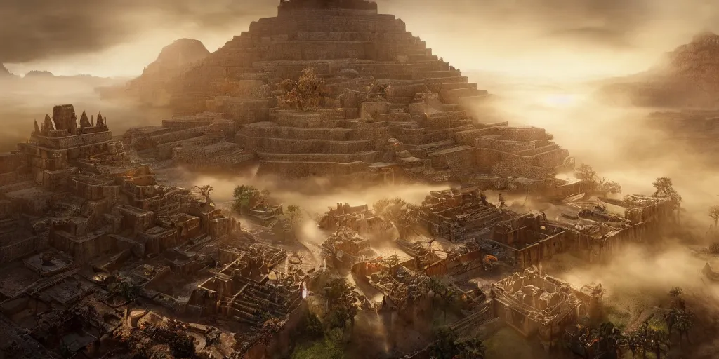 Prompt: aztec empire, superwide angle, light through the mist, dramatic lighting, photorealistic, cinematic lighting, high detail, cinematic feel, high octane, 4K, Unreal Engine, digital render, intricate, ultra realistic