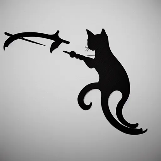 Image similar to tattoo design, stencil, a cat jumping in the air with a sword above it