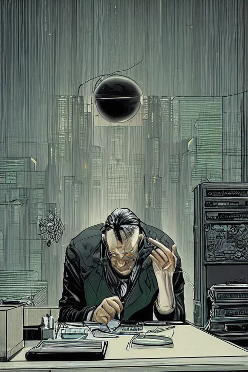 Prompt: 1 9 7 9 sci - fi portrait of neo sleeping at his desk. simple stylized cyberpunk photo from the matrix ( 1 9 9 9 ) by josan gonzalez.