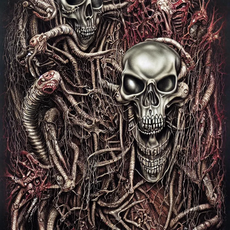 Prompt: death metal album cover. biopunk. zombies, alien, gutted corpses, worms, maggots. herman nitsch, giger. airbrush, high detail.