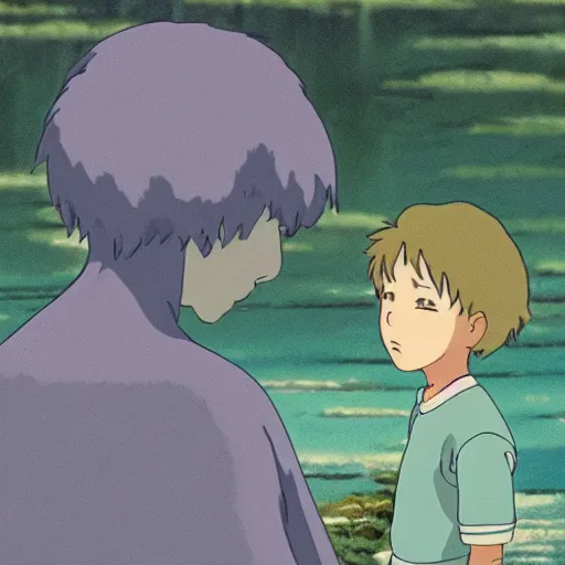 Image similar to kind guy and small friendly creature looking at each other, made by Studio Ghibli detailed art, beautiful scene, , sharp focus, smooth,