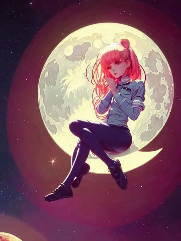 Image similar to full body picture of a space girl sitting in the moon cafe, bored, coveted, beautiful and aesthetic, intricate, unreal engine, messy hair, highly detailed, detailed face, smooth, sharp focus, chiaroscuro, manga illustration, artgerm, greg rutkowski, ilya kuvshinov, rossdraws, alphonse mucha, young adult light novel cover art