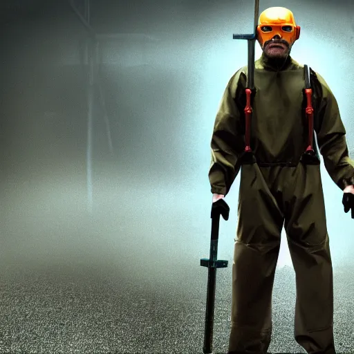 Image similar to Film still of Bryan Cranston dressed up as Gordon Freeman in an HEV Suit holding a crowbar for the Half Life Movie with a dark and foggy background, 4k resolution, 8k resolution, HD Quality, highly detailed, very detailed, detailed, studio quality lighting, digital art, trending on artstation, Dramatic, Dramatic Lighting, Dramatic Angle, Epic, film still