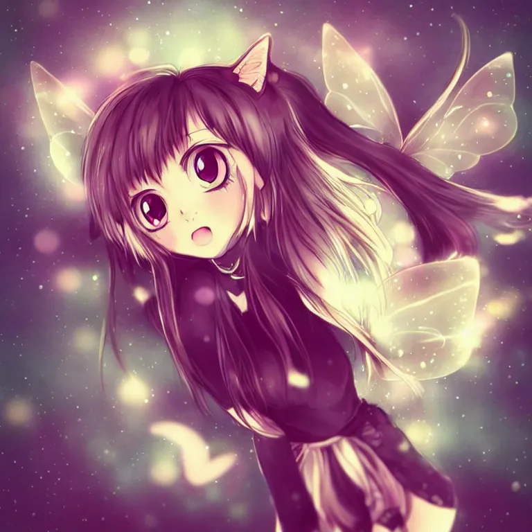 Image similar to cute, full body, female, anime style, a cat girl with fairy wings, large eyes, beautiful lighting, sharp focus, simple background, creative, heart effects, filters applied, illustration