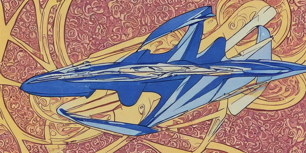 Image similar to Art Nouveau style starship flying in space