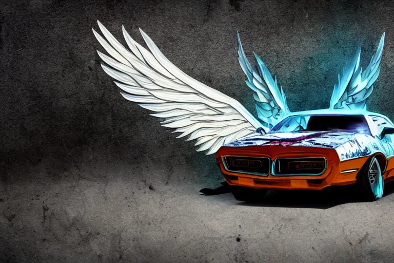 Prompt: pontiac firebird with grafitti tag on side, angelic wings attached to top of the roof, dramatic, cinematic, forest, volumetric lighting