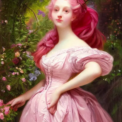 Image similar to Alice in Wonderland,a portrait of a beautiful Pink hair girl,Diamonds Blaze,Rose twining,luxuriant,dreamy, eternity, romantic,highly detailed,in the style of Franz Xaver Winterhalter, highly detailed,in the style of Aetherpunk