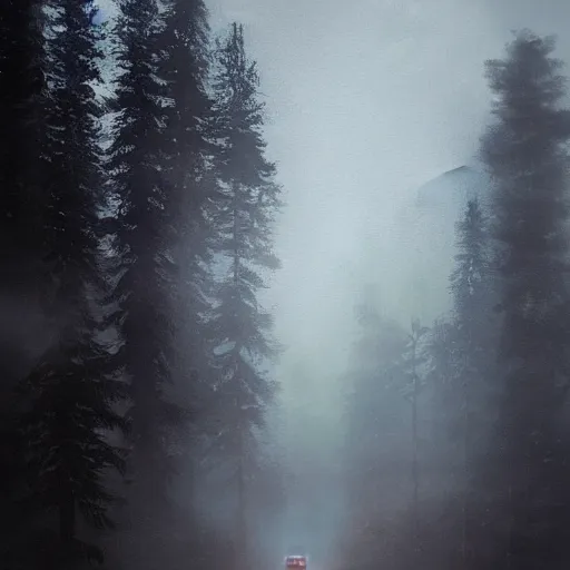 Image similar to driving through foggy austrian alps, greg rutkowski, artstation, spooky, mysterious, cinematic, the shining opening scene