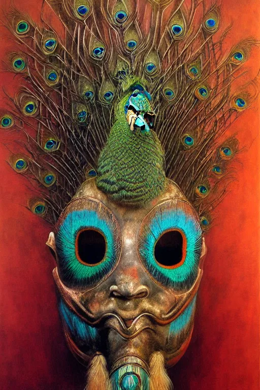 Prompt: hyper realistic painting of tribal peacock mask by wayne barlowe, beksinski, hr giger, austin osman spare, bussiere, roberto ferri, rembrandt, luis ricardo falero, intrincate ornaments, occult art