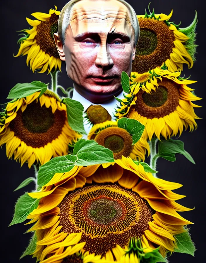 Image similar to photo portrait of Vladimir Putin - sunflowers - dressed in leisure suit with ornamental ethereal sunflower pattern, natural skin tone, highly detailed realistic flowers ornament in the upper side of breast, hair, eyebrows and wrinkles are intricate with highly detailed realistic flowers, elegant, Realistic, Refined, Highly Detailed, natural soft pastel lighting colors scheme, fine art photography by Cecil Beaton, volumetric lighting, hyper realistic photography