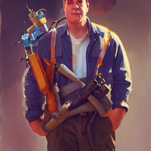 Image similar to greg manchess portrait painting of partially armored ghostbuster peter venkman overwatch character, medium shot, asymmetrical, profile picture, organic painting, sunny day, matte painting, bold shapes, hard edges, street art, trending on artstation, by huang guangjian and gil elvgren and sachin teng