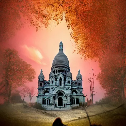 Image similar to abandoned Basilica of Sacré Coeur de Montmartre, toxic orange and pink clouds strain the sunlight, stark contrasting lighting, contrejour, a two-headed mutated deer-like creature looks on in the distance from the sparse twisted silhouetted foliage, a highly detailed colorful matte painting by Scott Listfield and Mikko Lagerstedt, featured on Artstation, Unreal Render, 8k HDR, fisheye