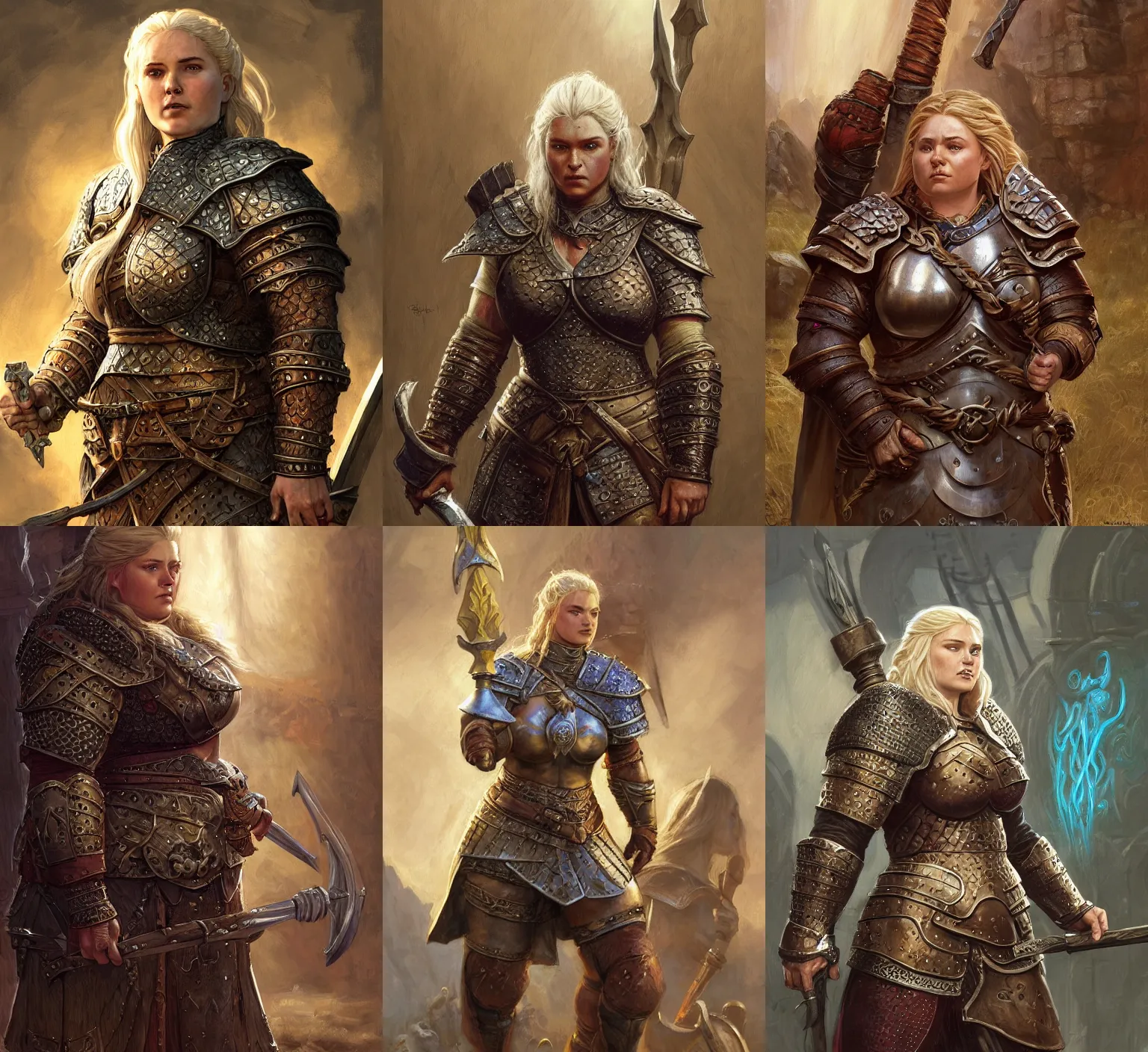 Prompt: A noble female dwarven warrior and blacksmith wearing heavy iron breastplate. Chubby plump body. complex blonde braided hair. Fantasy concept art. Moody Epic painting by jeff easley, and donato giancola. ArtstationHQ. painting with Vivid color. (Dragon age, witcher 3, lotr)