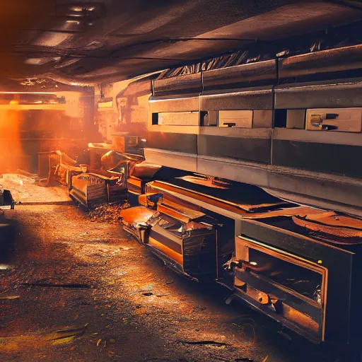 Image similar to line of toaster oven mecha heads on conveyor belt, dark messy smoke - filled cluttered workshop, dark, dramatic lighting, orange tint, sparks, cinematic, highly detailed, sci - fi, futuristic, movie still