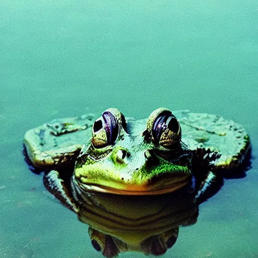 Image similar to “semitranslucent smiling frog amphibian rising above the waters of misty lake in Jesus Christ pose, low angle, long cinematic shot by Andrei Tarkovsky, paranormal, spiritual, mystical”