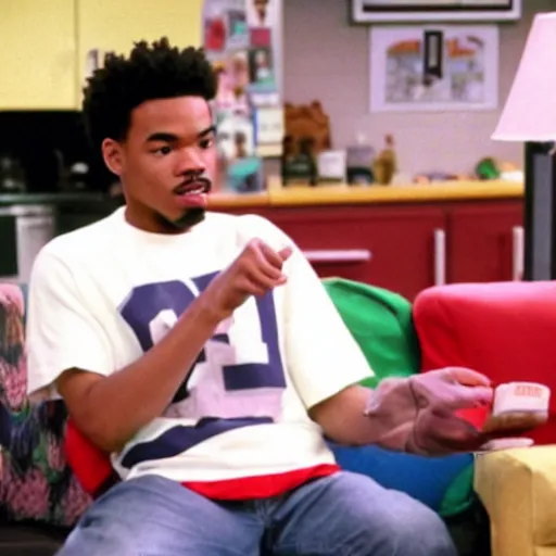 Image similar to a tv still of Chance The Rapper starring as a black college student at Jones College Prep in a 1993 sitcom