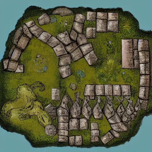 Image similar to overhead RPG battlemap of a stone fort sitting above a swamp, detailed, hand-painted, drivethruRPG top seller popular