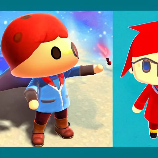 Image similar to A wizard, red hood, glowing blue eyes, Animal Crossing