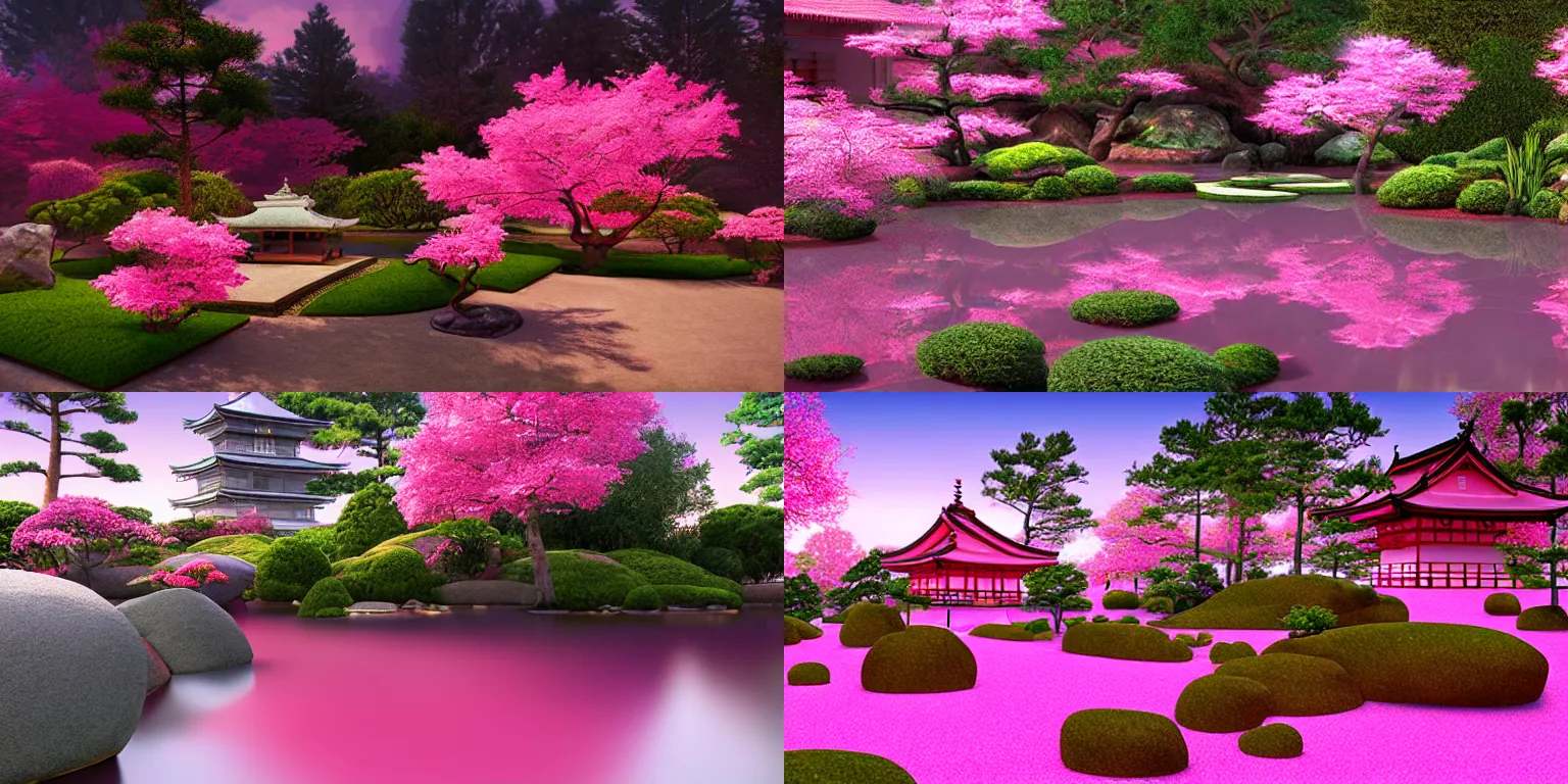 Prompt: pink Japanese garden with a temple in the middle, volumetric lighting, photorealistic, hyperdetailed, hyperrealism, hyperrealistic, cinematic