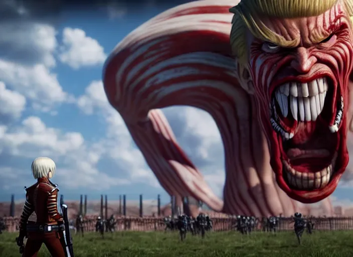 Prompt: trump as a titan in attack on titan peeking over the wall. Intricate. Very detailed 8k. Fantasy horror. Sharp. Cinematic post-processing. Unreal engine. Nanite. Ray tracing. Parallax. Tessellation