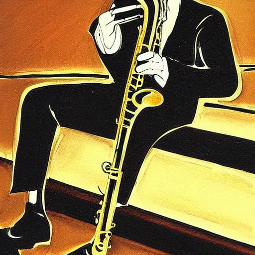 Image similar to saxophone player in a jazz cafe in tokyo by bernie wrightson