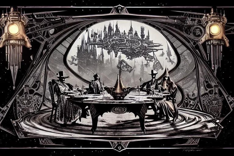 Image similar to a majestic steampunk wizard table, high details, lineart, by vincent di fate and joe fenton, inking, etching, screen print, masterpiece, trending on artstation, sharp, high contrast, hyper - detailed,, hd, 4 k, 8 k