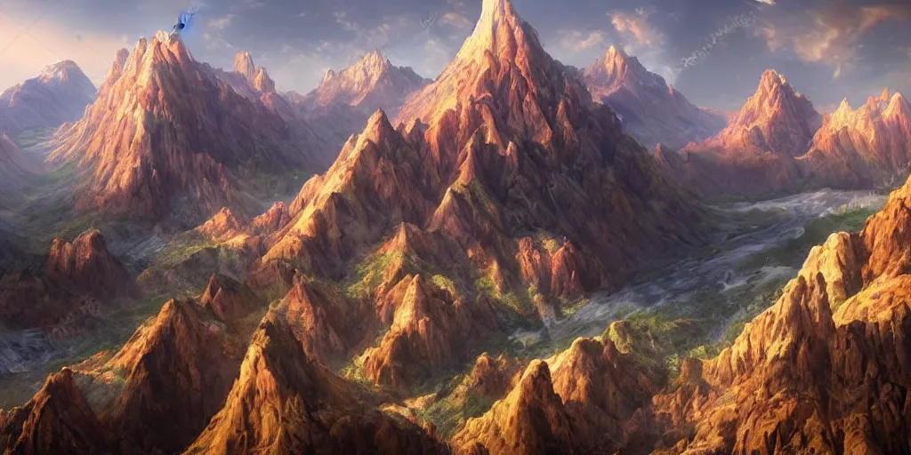 Image similar to beautiful matte painting of large mountains and canyons, fantasy