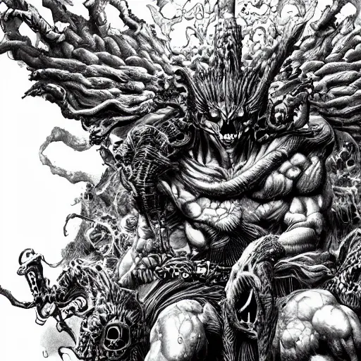 Prompt: a stunning digital masterpiece of hell and heaven at war by kentaro miura, hyper-detailed