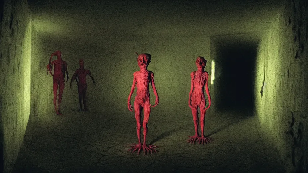 Image similar to the creature in the basement, made of glowing wax and ceramic, surrounded by friendly faces, film still from the movie directed by denis villeneuve and david cronenberg with art direction by salvador dali and zdzisław beksinski, wide lens